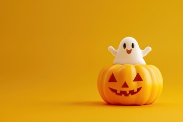 3D render of a cute white ghost sitting on a Halloween pumpkin, isolated on a yellow background. Minimal concept studio photography,