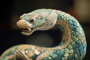 Fototapeta premium Traditional Chinese Green Wooden Snake Sculpture - Serpentine Art of Intricate Carvings and Cultural Symbolism for Decor