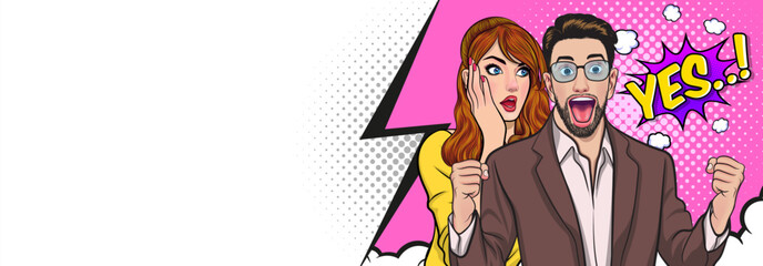 people whispering gossip or business secret to friend surprised In Retro Vintage Pop Art Comic Style