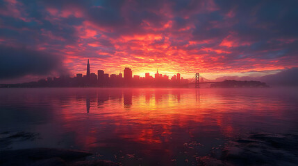 Naklejka premium A dramatic sunrise over a city skyline with a bridge silhouetted against the fiery sky.
