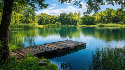 A picturesque pond with a wooden dock extending into the water, perfect for a peaceful retreat in nature.