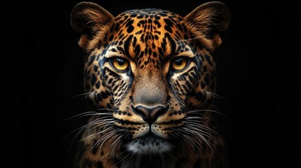 Close-up portrait of a leopard with intense yellow eyes staring directly at the camera against a black background.