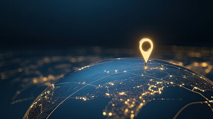A location pin icon rests atop a blue globe illuminated by yellow lights, highlighting a global network. The digital design is perfect for technology presentations