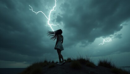 A young woman stands on a windswept cliff, her long hair whipping around her face. Her silhouette is stark against the dramatic backdrop of a stormy sky