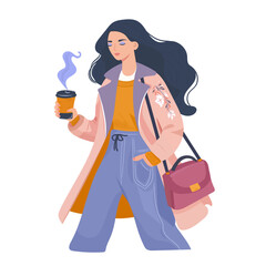 Young fashionable woman with coffee. Girl in modern clothes with drink. Flat vector illustration