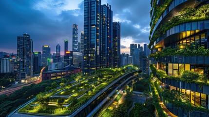 Fototapeta premium At the heart of a bustling city, an innovative green building stands tall, a symbol of cutting-edge technology and sustainable practices