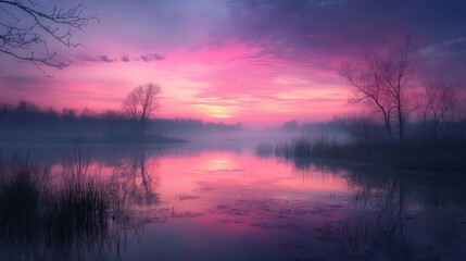 Obraz premium A serene pond at dusk, with the water reflecting the pink and purple tones of the sunset sky above.