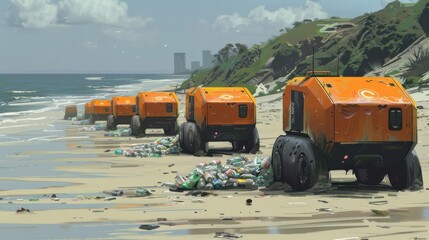 Autonomous electric vehicles collecting trash from a beach.