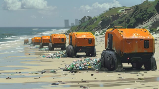 Autonomous electric vehicles collecting trash from a beach.