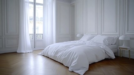 This serene bedroom showcases a spacious bed dressed in white linen, complemented by stylish bedside tables and curtains, creating a cozy atmosphere with warm tones