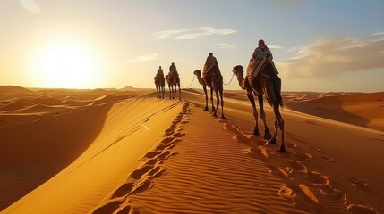 Fototapeta premium A camel trek through the Sahara Desert, emphasizing the delicate desert ecosystem.