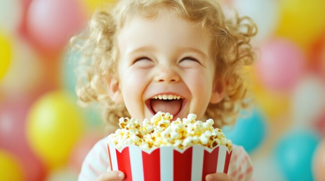 A happy child with curly hair smiles broadly while holding a large bowl of popcorn in a festive indoor setting with bright balloons
