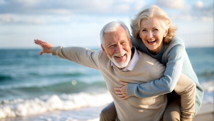 "Elderly Couple Beach Joyful Piggyback" - Smiling mature couple on a piggyback ride on the sandy shore.