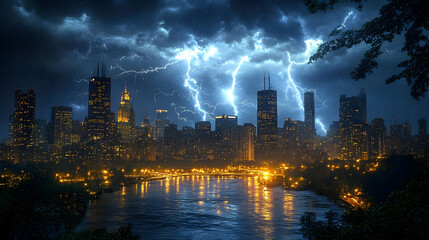 Naklejka premium A dramatic thunderstorm rages over a city skyline, with lightning bolts illuminating the buildings and reflecting in the water below.