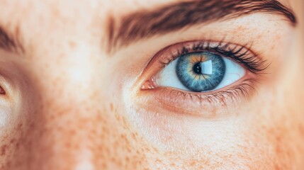Fototapeta premium A woman with freckles and vibrant blue eyes gazes directly, showcasing her captivating expression and natural features