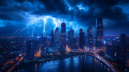 Fototapeta premium A dramatic thunderstorm rages over a modern cityscape, with lightning illuminating the towering skyscrapers and urban sprawl.