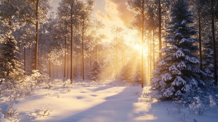 Fototapeta premium Sunlight breaks through the trees in a snow-covered forest at dawn, creating a crisp and clear winter atmosphere.