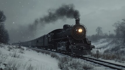 Obraz premium A black steam train cuts through a snowy countryside under an overcast sky, with a low angle capturing the moody atmosphere.