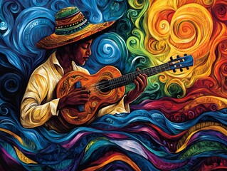 Vibrant graphic of a musician playing traditional local instruments, surrounded by swirling patterns representing the sound waves and community vibe