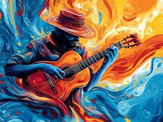Obraz premium Vibrant graphic of a musician playing traditional local instruments, surrounded by swirling patterns representing the sound waves and community vibe