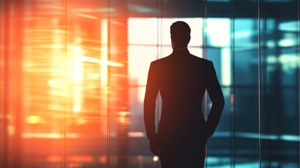 Business person silhouette combined with a high-tech background, with ample copy space on the left.