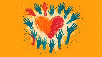 Vibrant illustration of diverse hands forming a heart, symbolizing unity and support for a local cause, with a warm color palette, minimalist design