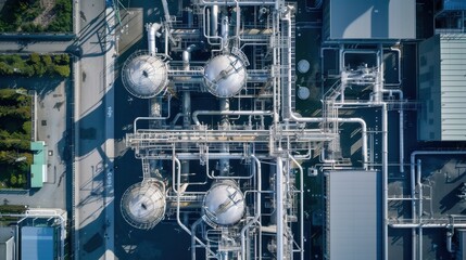 A drone view of a biotech facility where AI technologies are integrated into every stage of biochemical engineering.