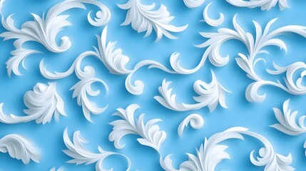 Seamless lace-like design with swirling white lines, intricate patterns on a pale blue background, soft elegance, digital art, high resolution.