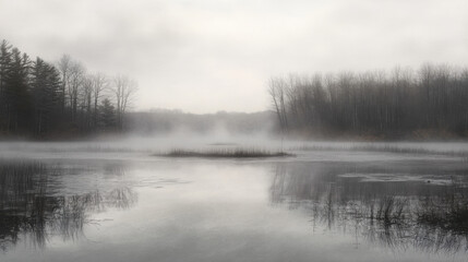 A foggy morning at a pond, with the mist hovering over the water and trees barely visible in the background.