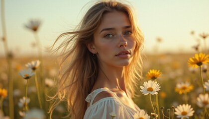 A photorealistic portrait of a young woman standing in a field of wildflowers. The light is soft and dreamy