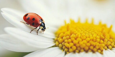 Obraz premium A vibrant ladybug crawls on a white daisy. This close-up captures the beauty of nature. The style is fresh and detailed, ideal for nature lovers and educational purposes. AI