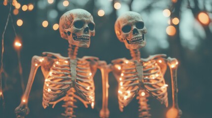 Two whimsical skeletons adorned with lights stand in a mystical Halloween setting surrounded by glowing lanterns