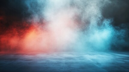 Obraz premium A fog-filled stage is transformed by striking blue and red lighting, creating an atmospheric backdrop for a captivating performance