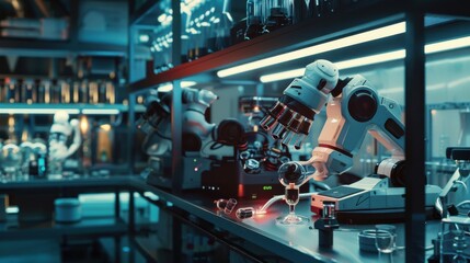 A futuristic lab where AI-powered robots assist in biochemical experiments.