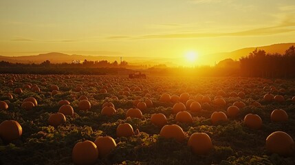Sunset over a peaceful pumpkin patch