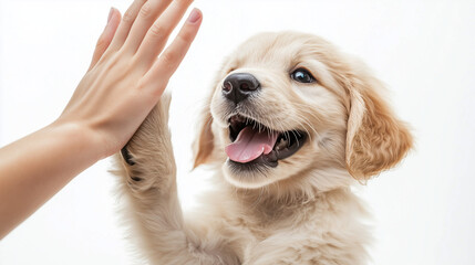 A joyful moment of a person high-fiving a happy puppy, both smiling, isolated on a white background