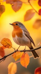 Bird Perched on Autumn Branch with Soft Sunlight and Warm Hues in Background
