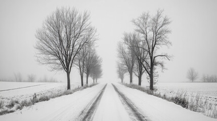 A quiet country road lined with snow-covered trees, leading into the distance under a soft gray sky.