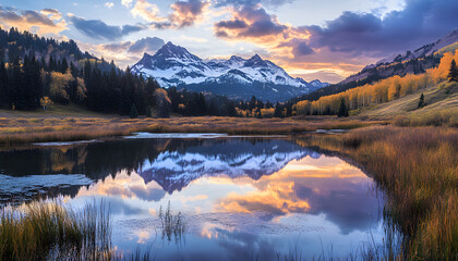 Fototapeta premium Nature Bliss: A serene mountain landscape with a lake reflecting the snowy peaks at sunrise
