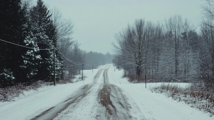A quiet country road lined with snow-covered trees, leading into the distance under a soft gray sky.