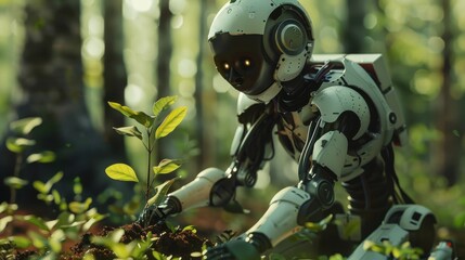 A robot planting trees in a reforestation project.