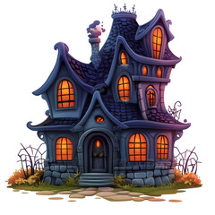Obraz premium Cute Haunted Mansion with Halloween Theme in Cartoon Style on White Background