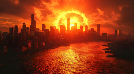 Obraz premium A fiery sunset over a city skyline, with the sun appearing as a large, fiery orb.