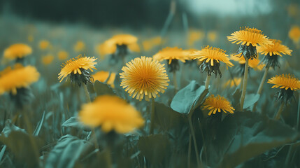 A close-up of wild dandelions growing in a field, with their bright yellow flowers and edible leaves in focus  - Powered by Adobe