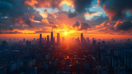 Fototapeta premium A fiery sunset over a sprawling cityscape, the sun illuminating the tops of the skyscrapers.