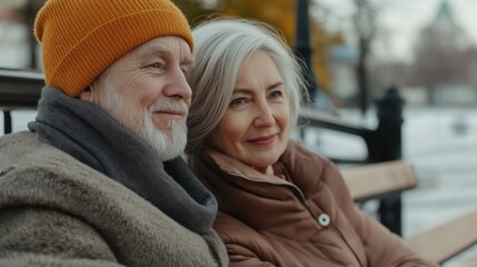 Fototapeta premium Senior couple sitting on bench together in winter park Caucasian male and female
