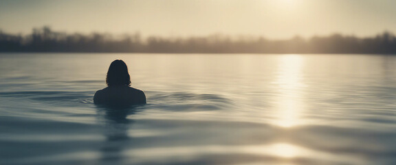 Sunlit water with Jesus Christ seen from behind