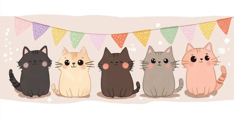 Cute cartoon cat in party hats celebrating with festive bunting. Ideal for birthday invitations, greeting cards, and playful design