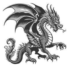 Fototapeta premium dragon, showcasing its detailed wings, tail, and scales in a classic fantasy style sketch engraving generative ai raster illustration. Scratch board imitation. Black and white image.
