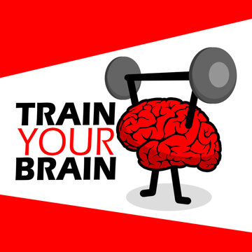 National Train Your Brain Day celebrates on October 13th. Illustration of a brain practicing lifting weights, with bold text on white and red background.